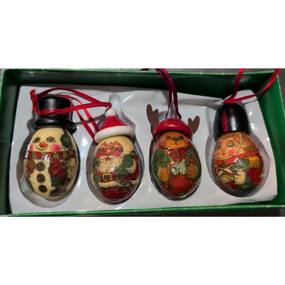 Vintage Christmas Egg Ornaments Decoupage 3.5" 4pc Snowman Santa Bear Solider